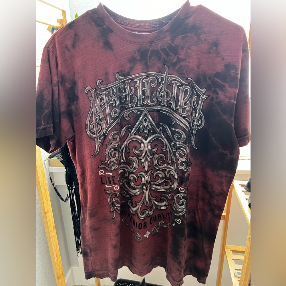 Mens maroon+black Affliction t-shirt in size large
